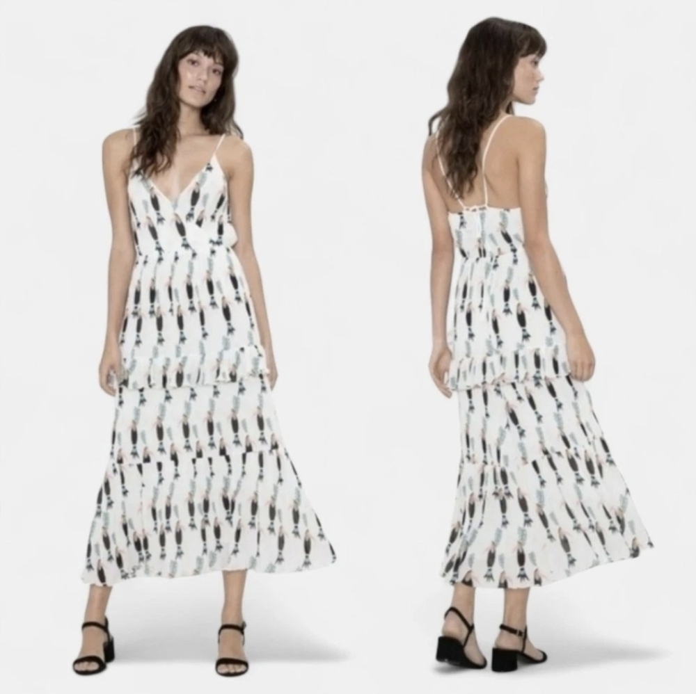& Other Stories Tiered Maxi Dress Toucan Print White Multicolor Size 4
